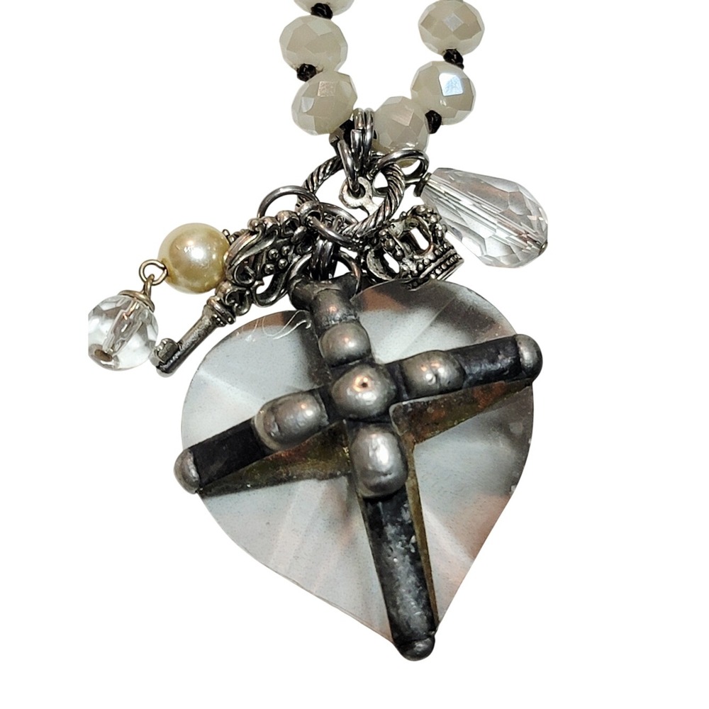 Long Crystal Heart Pendant Necklace Hand Knotted Beaded Charm Necklace Key Crown